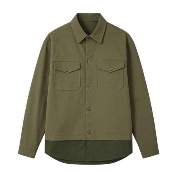 Olive Green Fake Two-piece Utility Shirt - Layered Design Outerwear