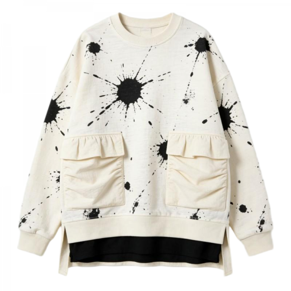 Cream & Black Splatter Print Cargo Sweatshirt