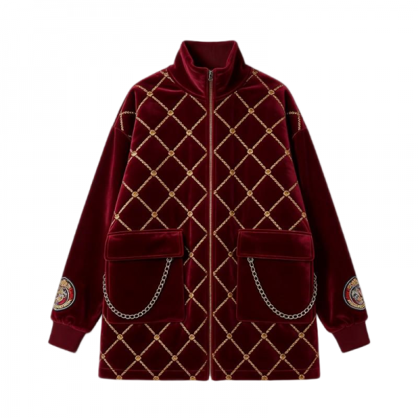 Burgundy Velvet Jacket with Gold Chain & Crest Patches