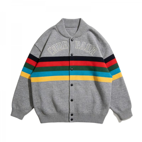 Gray Knit Baseball Jacket with Rainbow Stripes & "CORE PAON" Lettering