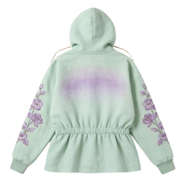 Mint Green Hooded Jacket with Purple Flower Embroidery