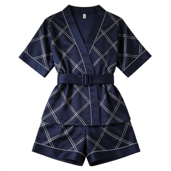 Navy Blue Satin Wrap Pajama Set with Diamond Pattern