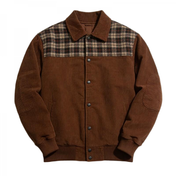 Brown Corduroy Baseball Jacket with Plaid Shoulder Panels