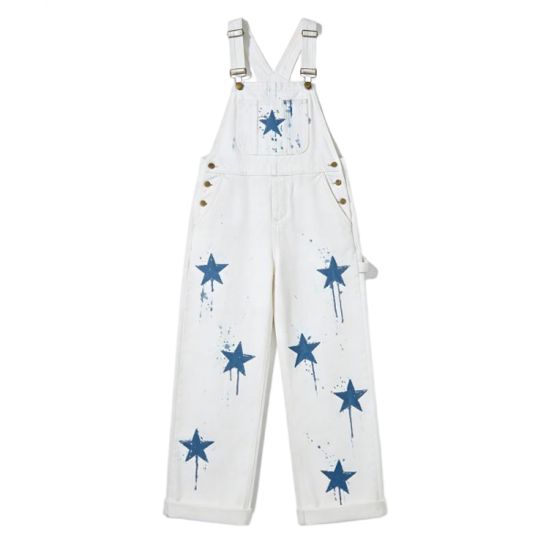 Cream Denim Overalls with Blue Star Splatter Print