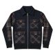 Navy Blue Collared Zip-Up Jacket with Plaid Pockets