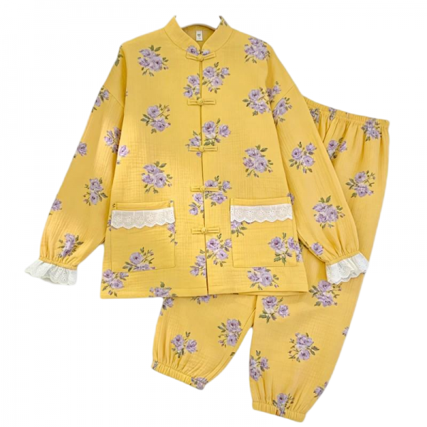 Yellow Pajama Set with Purple Floral Print & Frog Buttons