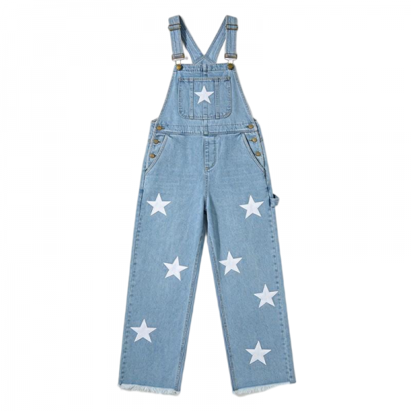 Light Blue Denim Overalls with White Star Patches